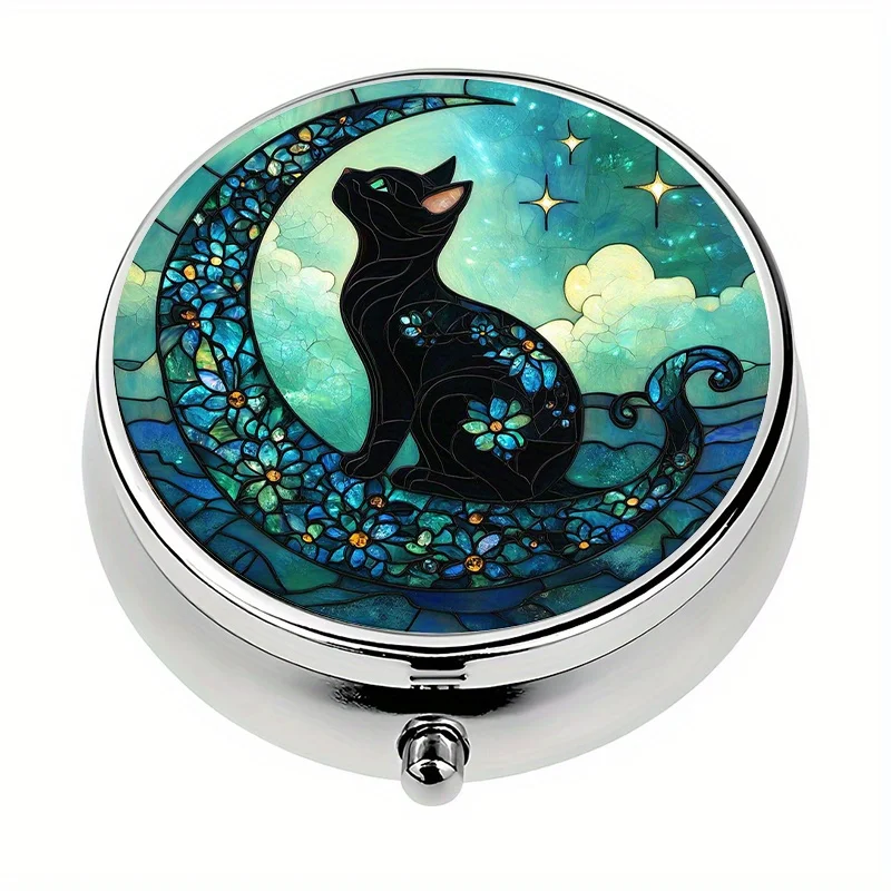 Single pack, pill box, 3-compartment black cat moon sitting position mini pill box, portable home medicine storage box, unique travel gift, the best Christmas gift