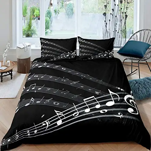 Musical Note Bedding Set Staff Pattern Comforter Cover for Adult Music Themed Black and White Duvet Cover 3Pcs with 2 Pillowcase