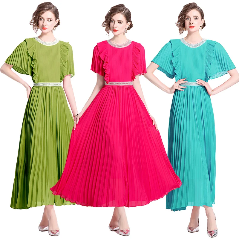 

French Elegance 2024 Summer New High-end Design Sense Pleated Long Skirt Waist Cinching and Large Swing Chiffon Dress for Women