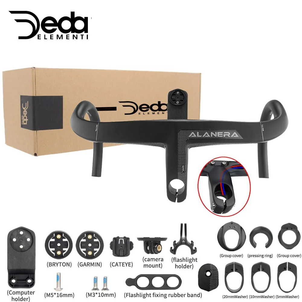 DEDA Guiador de estrada integrado de carbono DEDA ALANERA RS T1000 com suporte para computador, roteamento de cabo interno, direção e espaçadores de 28,6 mm DEDA Guiador de estrada integrado de carbono DEDA ALANERA RS T1000 com suporte para computador, roteamento de cabo interno, direção e espaçadores de 28,6 mm