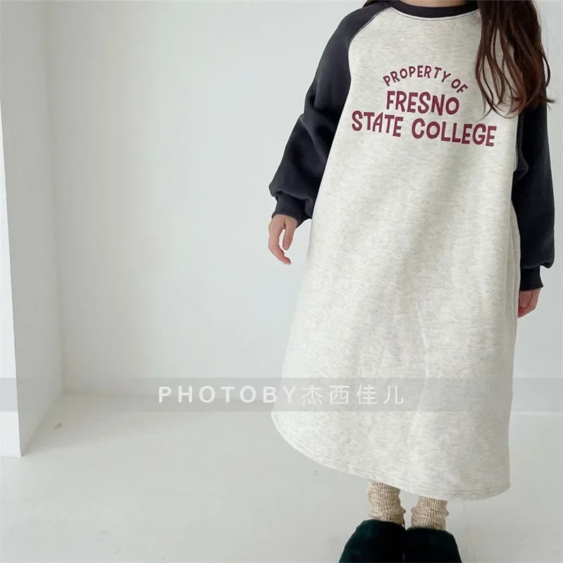 Children Clothing 2022 Autumn Winter Girls Korean Style Dress New Fashion Casual Patchwork Letter Fleece Cotton Sweater Dress