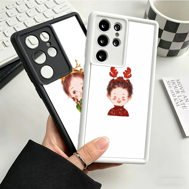 Christmas Cute Cartoon Boy Girl Phone Case For Samsung S25 Ultra S26 S23 FE S22 Galaxy S21 S20 Plus S24 FE Cover Coque Shell Pro