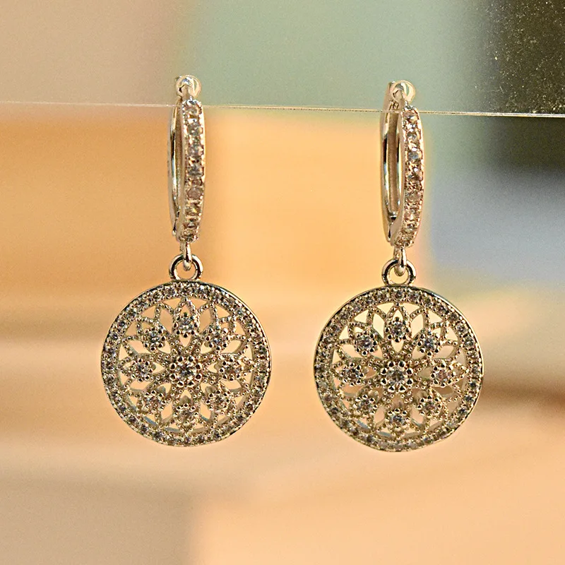 S925 sterling silver pendant earrings, dream catcher net round hollow micro-inlaid zircon zircon earrings