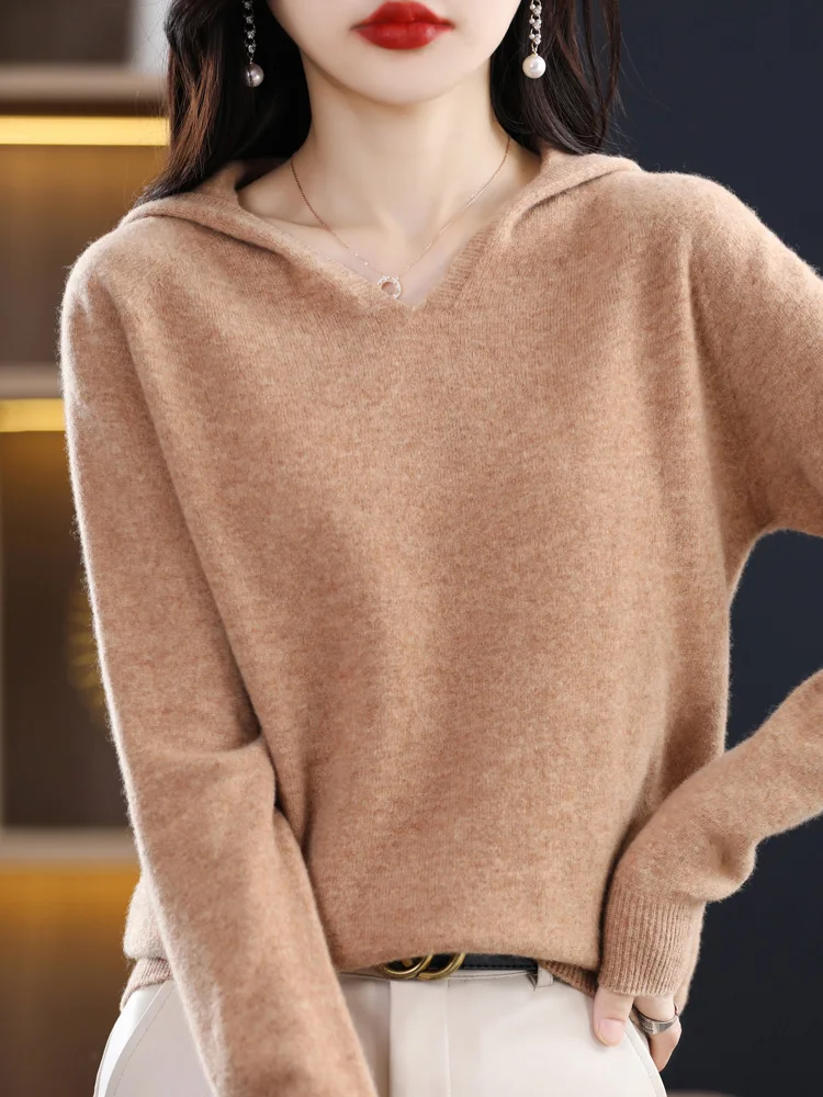 Women Cashmere Hoodie Pullover  Long Sleeve 100% Merino Wool Sweater For  Autumn Winter Soft Casual Knitwear Korean Popular Top