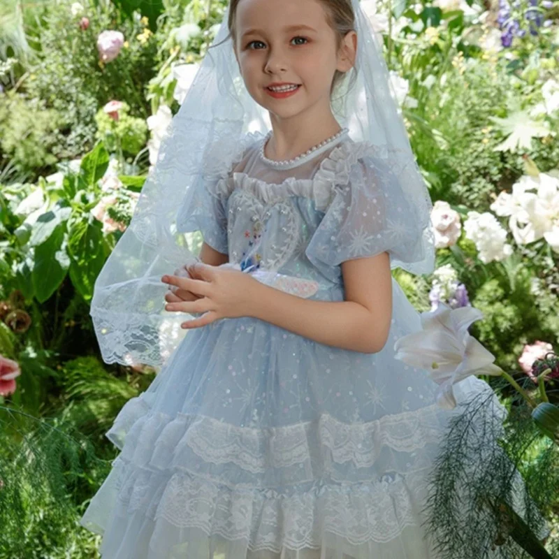 

2024 New Baby Girl Summer Blue Snow Elsa Vintage Lolita Princess Ball Gown Dress for Birthday Holiday Casual Mesh Dress Costume