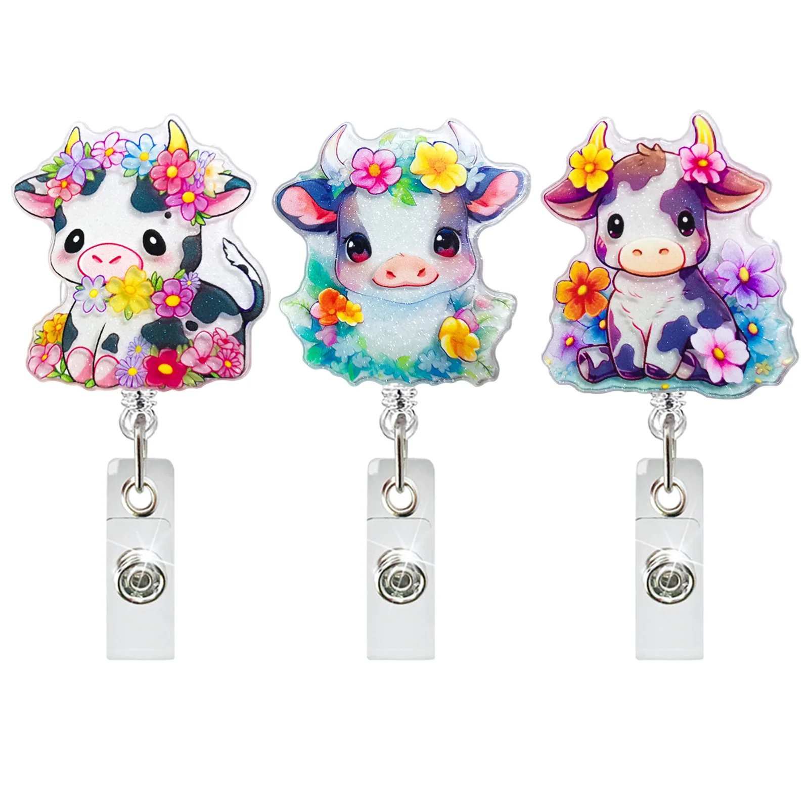 New Design 1 Piece Glitter Acrylic Retractable Nurse Day Badge Reel Cute Anime Floral Cow Students Doctor ID Card Holder Gift