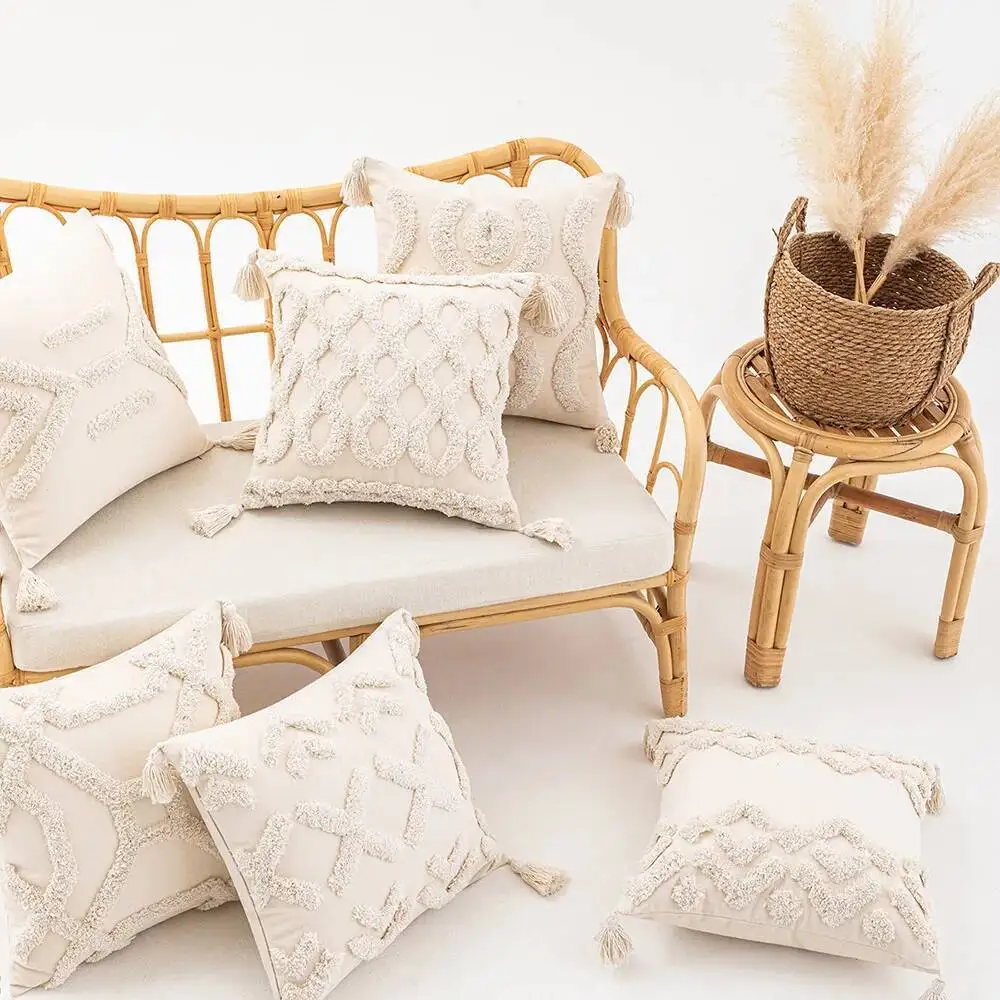 

Чехол для подушки с кисточками, декоративная наволочка в стиле бохо на молнии для дивана-кровати, гостиной, эстетический мягкий фермерский дом, текстурированный