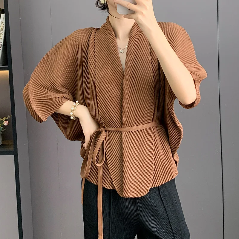 

Miyake Pleated Cardigan Women Autumn Short Jacket Oversized Batwing Sleeve Tie Front Blouse Unique Design YS325285
