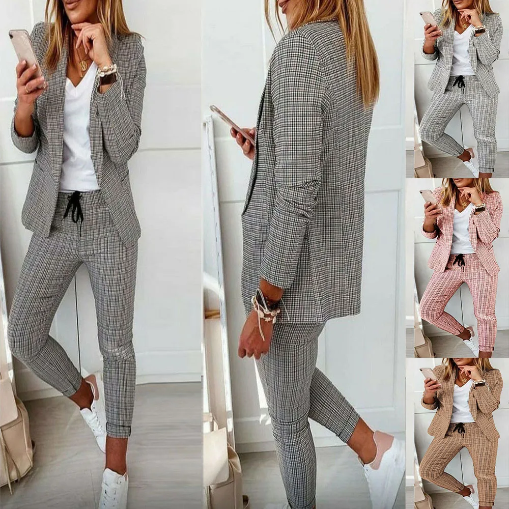 

Осенний женский новый деловой повседневный костюм, комплект из двух предметов, модный костюм с принтом столкновения для путешествий, отпуска, офиса, женский костюм