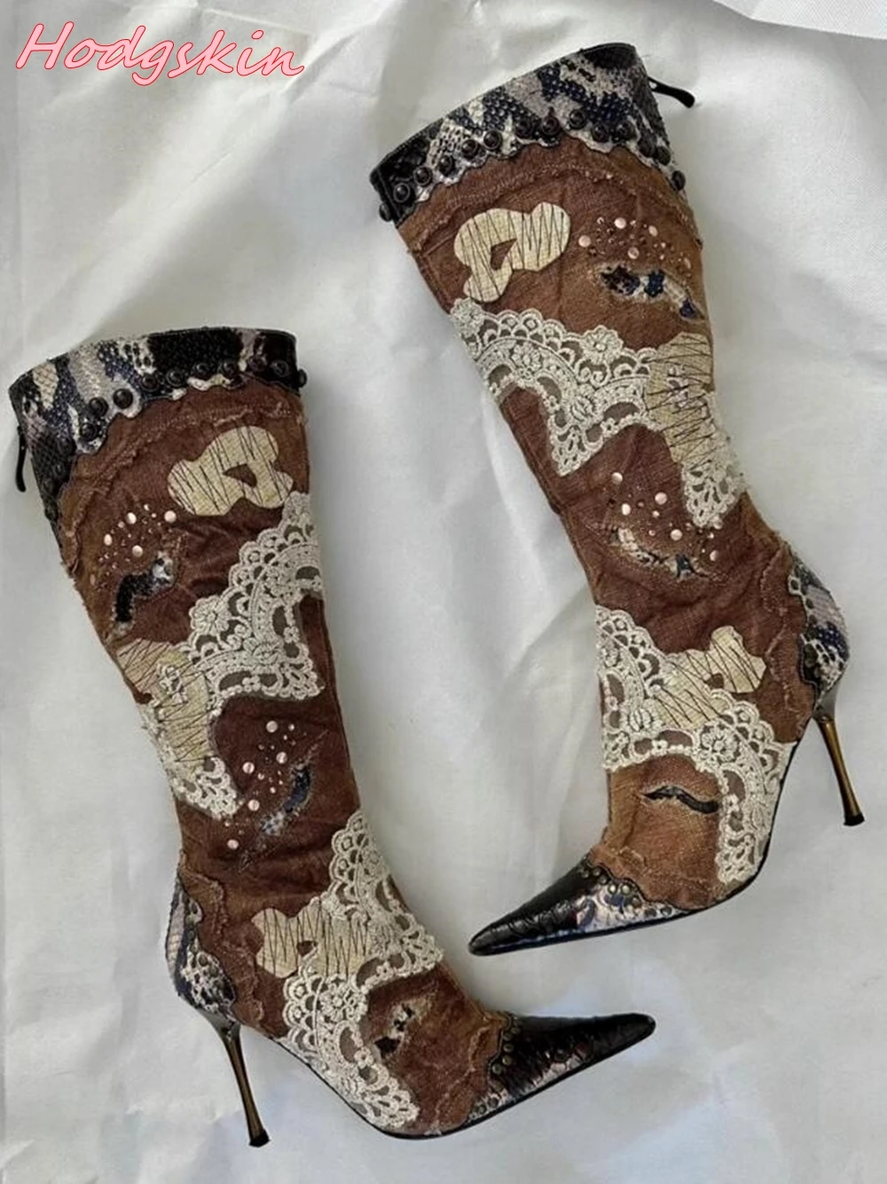 Retro Lace Splicing Women Boots Mixed Colors Pointed Toe Knee High Sexy Boots 2024 Autumn Winter Fashion Design Boots Hot Sale