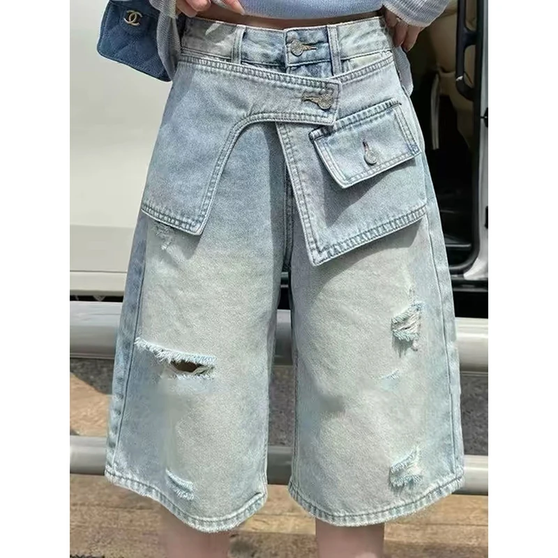 YIBASHU American Vintage Y2k 90s Cargo Pants Women Harajuku Oversized Baggy Summer Short Trousers Streetwear Korean Blue Capris