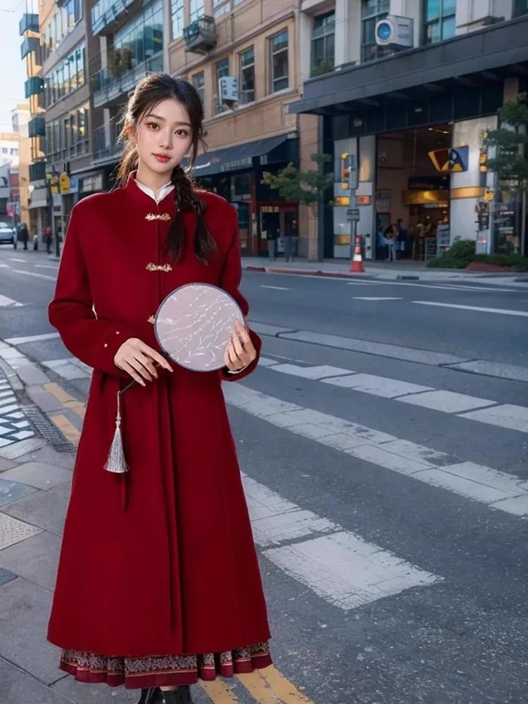 

Autumn And Winter Retro Chinese Style New Chinese Style Standing Collar Woolen Coat Women's Medium Long Thick Woolen Coat