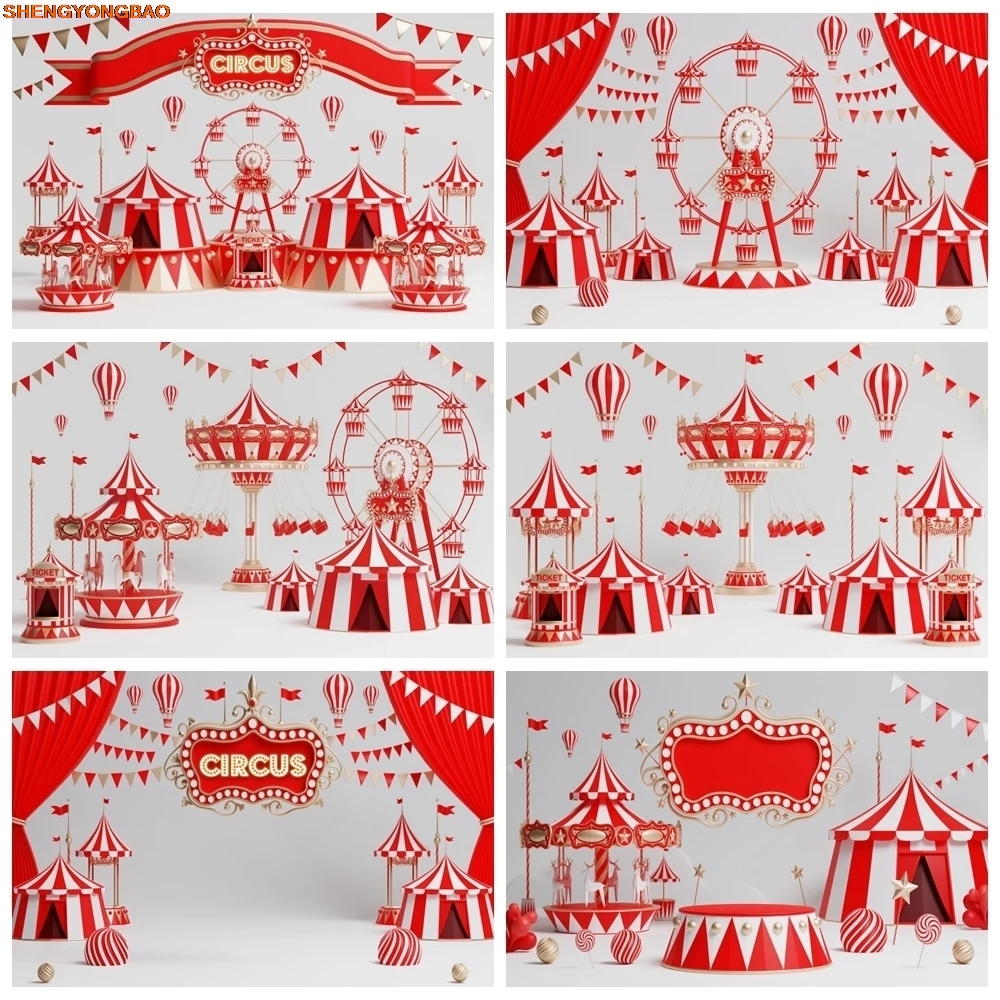 

Circus Theme Backdrop for Photography Red Tent Ferris Wheel Carousel Hot Air Balloon Baby Birthday Party Background Decor Banner
