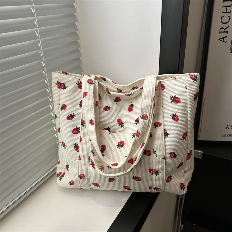 Forest Fresh Corduroy Handbag Strawberries Sweet Versatile Shoulder Bag Large Capacity Commuter Women's Tote Bag