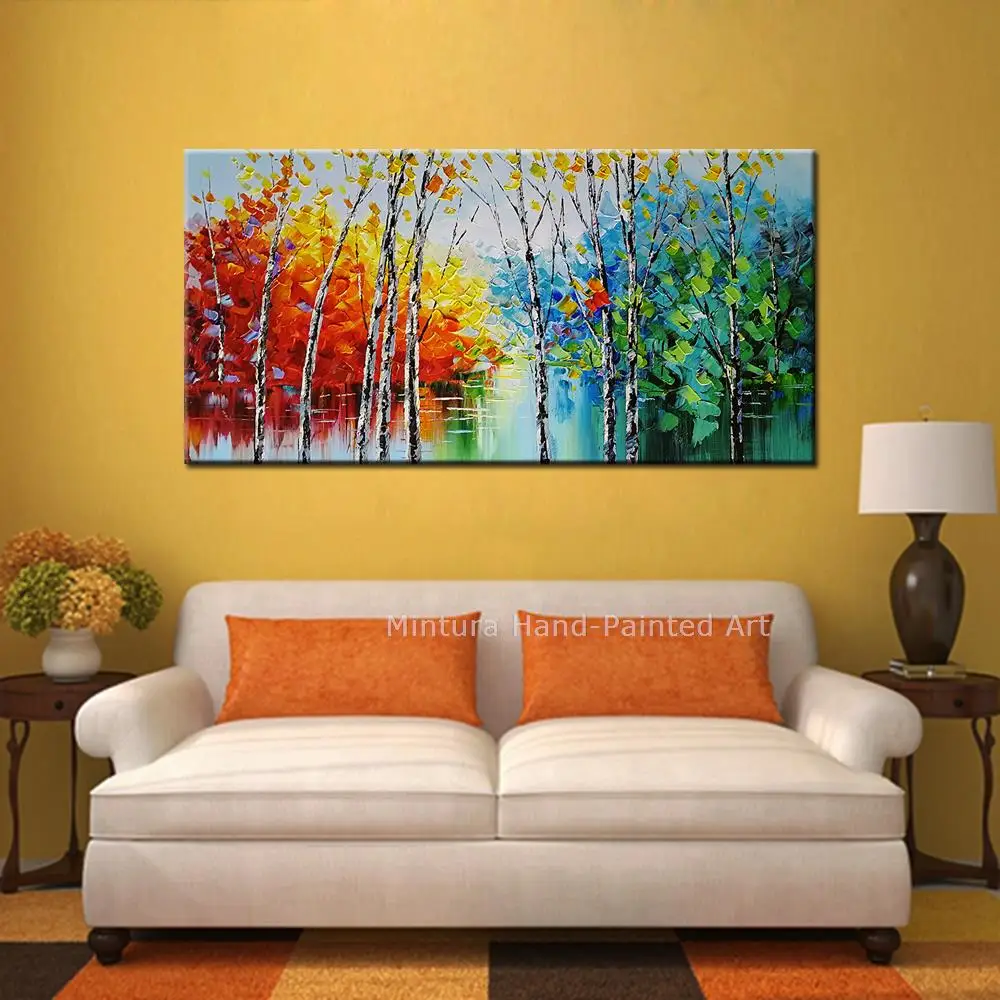 Mintura,Large Artwork Handpainted Colorful Forest Tree Lake Water Oil Painting On Canvas,Wall Art,Picture Living Room Home Decor