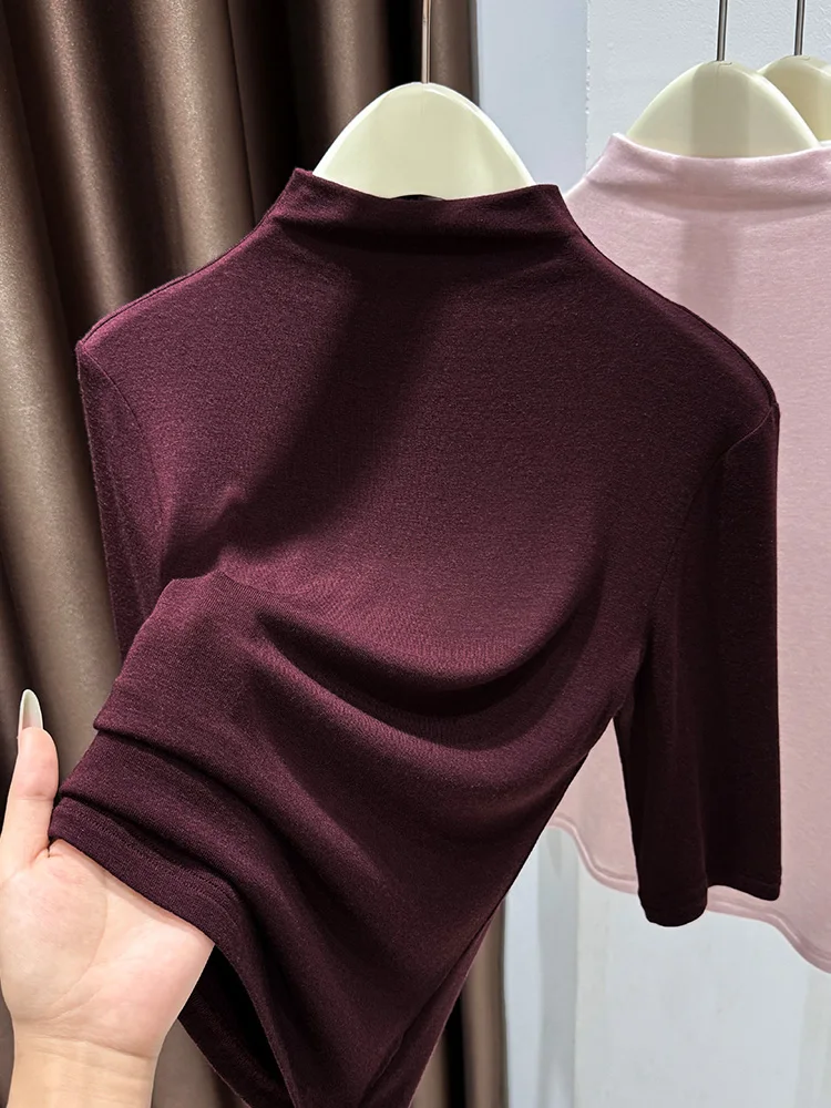 

Ретро-американская женская базовая футболка Red Laceulli с высоким воротником и рукавом до локтя для весенне-осеннего сезона, модная женская одежда