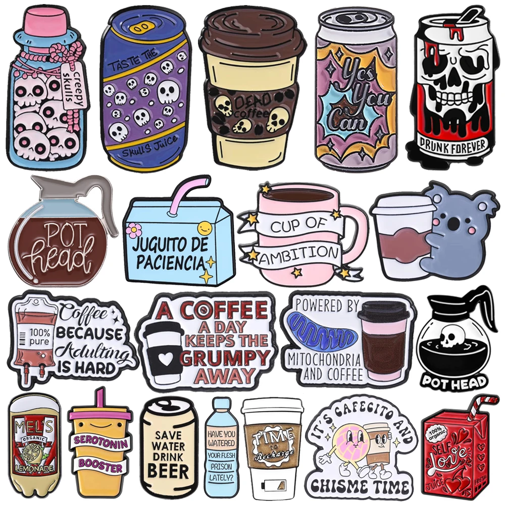 Cartoon Skull Coffee Pin Collar Pin Can Bottle Beverage Koala Milk Juice Coffee Pot Metal Badge Punk Jewelry Gift For Friends