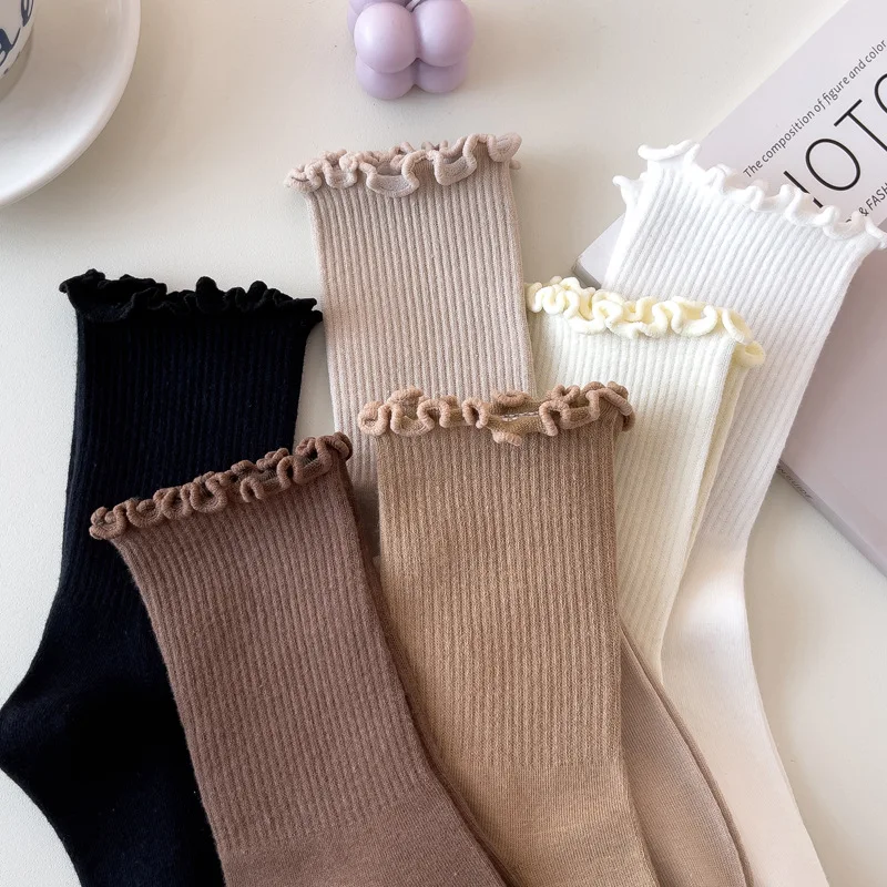Women's Socks New Spring Summer Japanese Style Breathable Girls Kawaii Mid-tube Socks Solid Color Ruffled Frilly Casual Socks