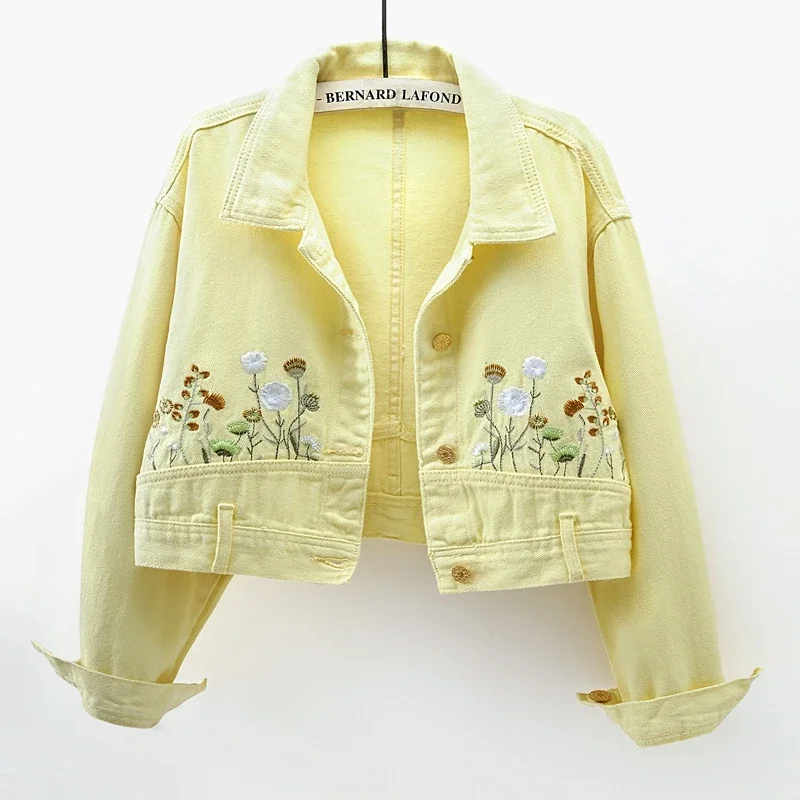

Fashion Flower Embroidered Short Jeans Jackets Women Long Sleeved High Waisted DenimCoat Sweet Light Yellow Young Bomber Jacket