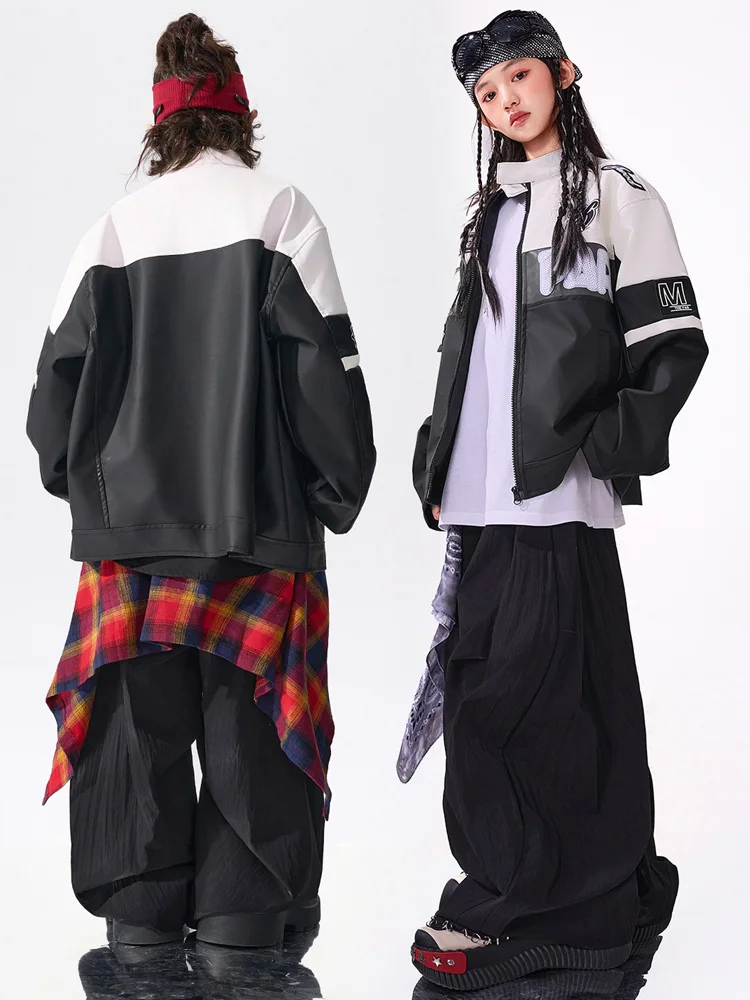 Child Modern Hip Hop Dance Clothes Boy Girl Jazz Dance Costume Black &White Color-blocked Motorcycle Coat Black Cargo Pants