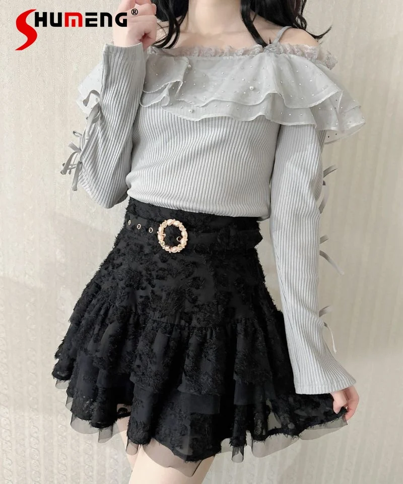 Japanese Lolita Lace White Shirt and Blouse 2024 Spring New Fairy Women's Shiny Suspender Shirts Sweet Long Sleeve Bow Tied Tops