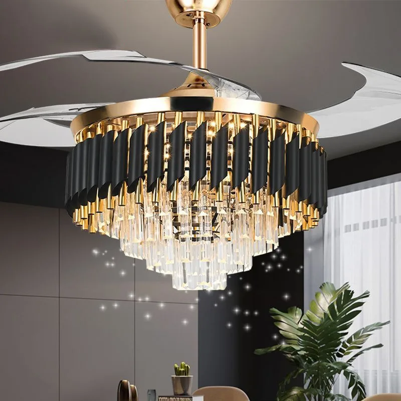 Light Luxury Crystal Ceiling Light American Foyer Restaurant Invisible LED Ceiling Fan Lamps Electric Fan Silent Bedroom Kitchen