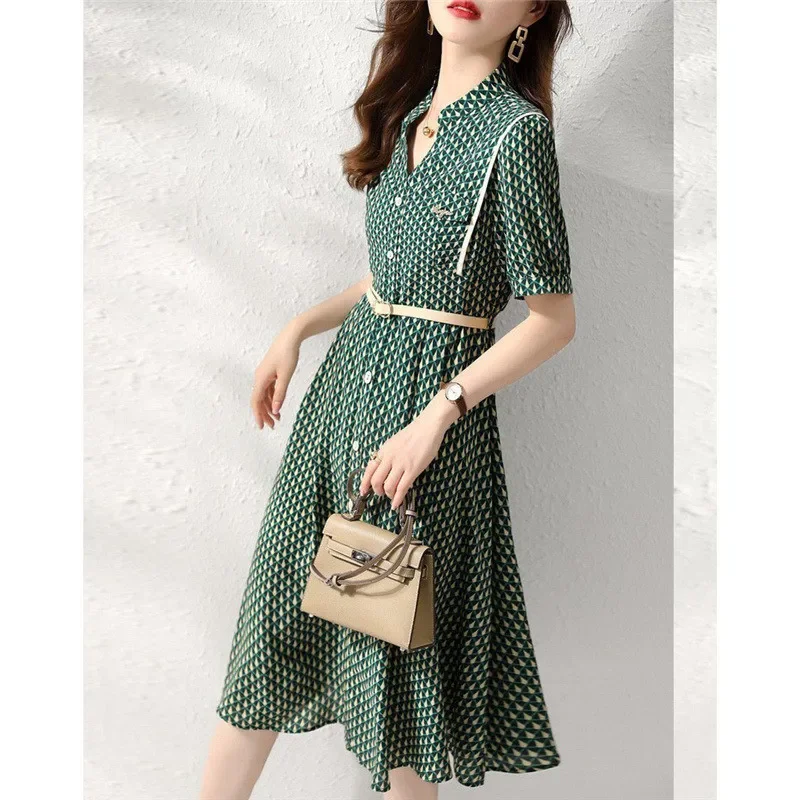 Vestido Midi ajustado informal para mujer, Túnica de manga corta con Cinturón estampado Simple, moda de verano coreana elegante