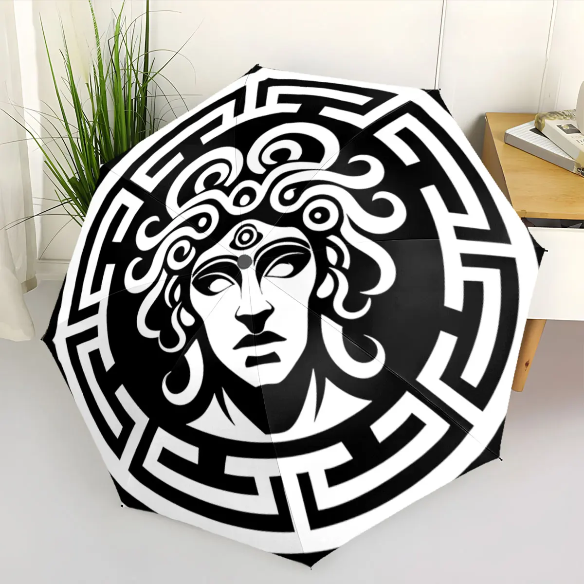 Greek Mythology Inspired Black and White Umbrella Design portable waterproof sun rain umbrella for outdoor travel beach