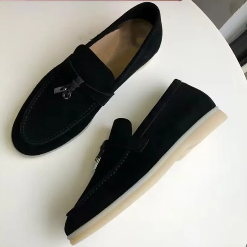 Mocassins de couro genuíno para mulheres, sapatos preguiçosos casuais, fundo plano, fivela de bloqueio, sapatos simples, sapatos centavo estilo britânico, sapatos de vela