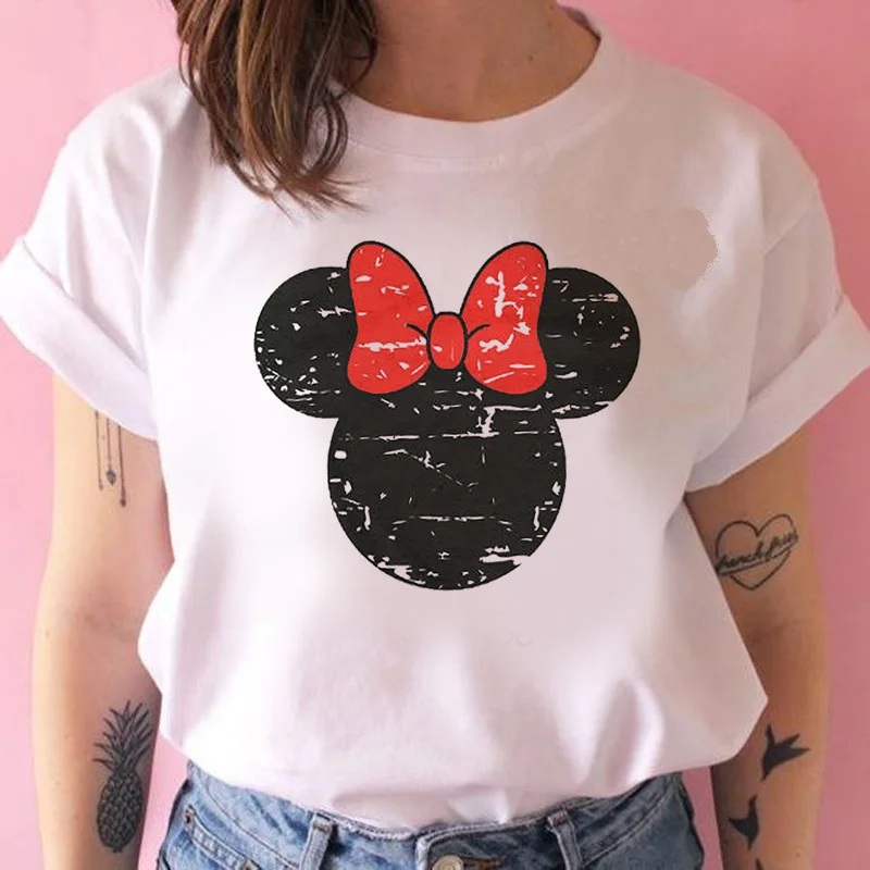 

2026 Disney Fashion Mickey & Minnie Cute Print Y2K Women's T-Shirt Casual Loose-Fit Short-Sleeve T-Shirt Cotton Top