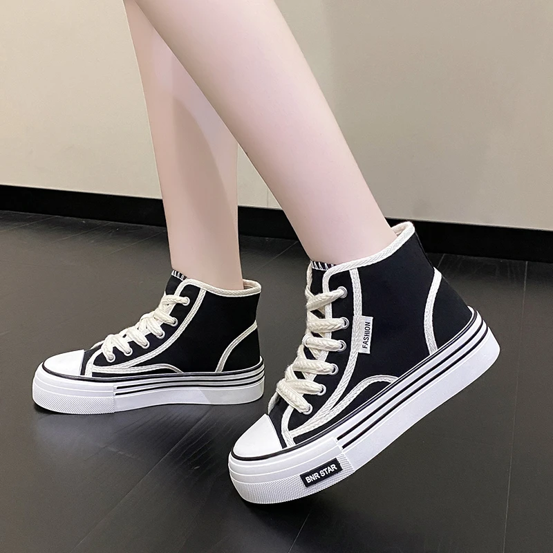 2025 Autumn Canvas Flat Shoes High Top Fashion Thick-soled Heightening Spring Casual Sports Shoes High Platform Women Sneakers