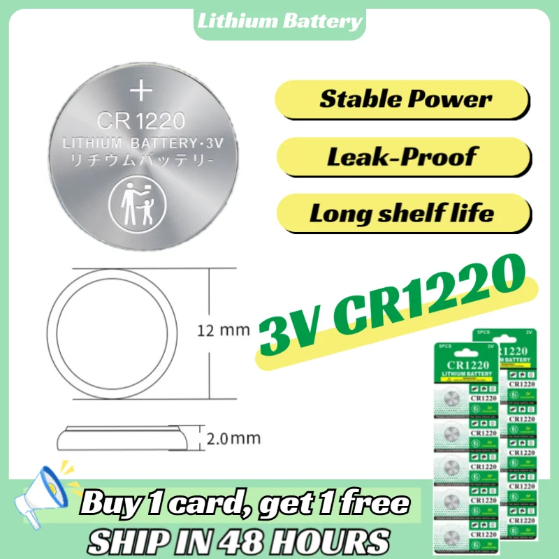 

CR1220 3V Lithium Battery BR1220 KCR1220 LM1220 Coin Cell Button Cell for Car Remote Key Fob Watch Scale Buy 1 Get 1 Free