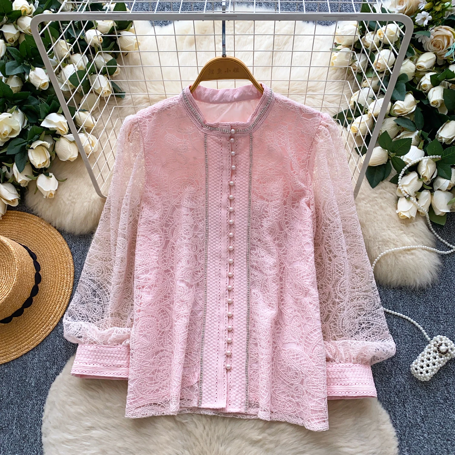 

French Style High End Beading Women' Shirt Spring Autumn New Temperament Versatile Casual Coats Fashion Lace Gentle Style Tops