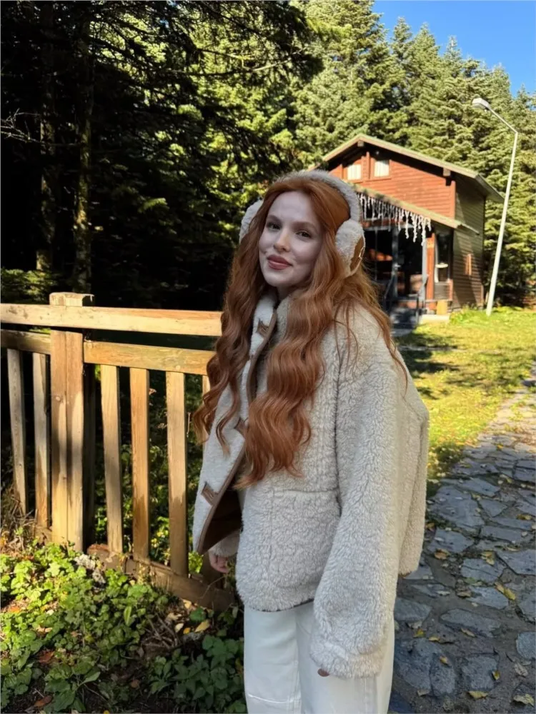 الخريف المرأة مزدوجة الوجه سترة عادية عالية الياقة كم طويل Pcoket سيدة عكسها فو الجلد المدبوغ معاطف الإناث شيك القمم