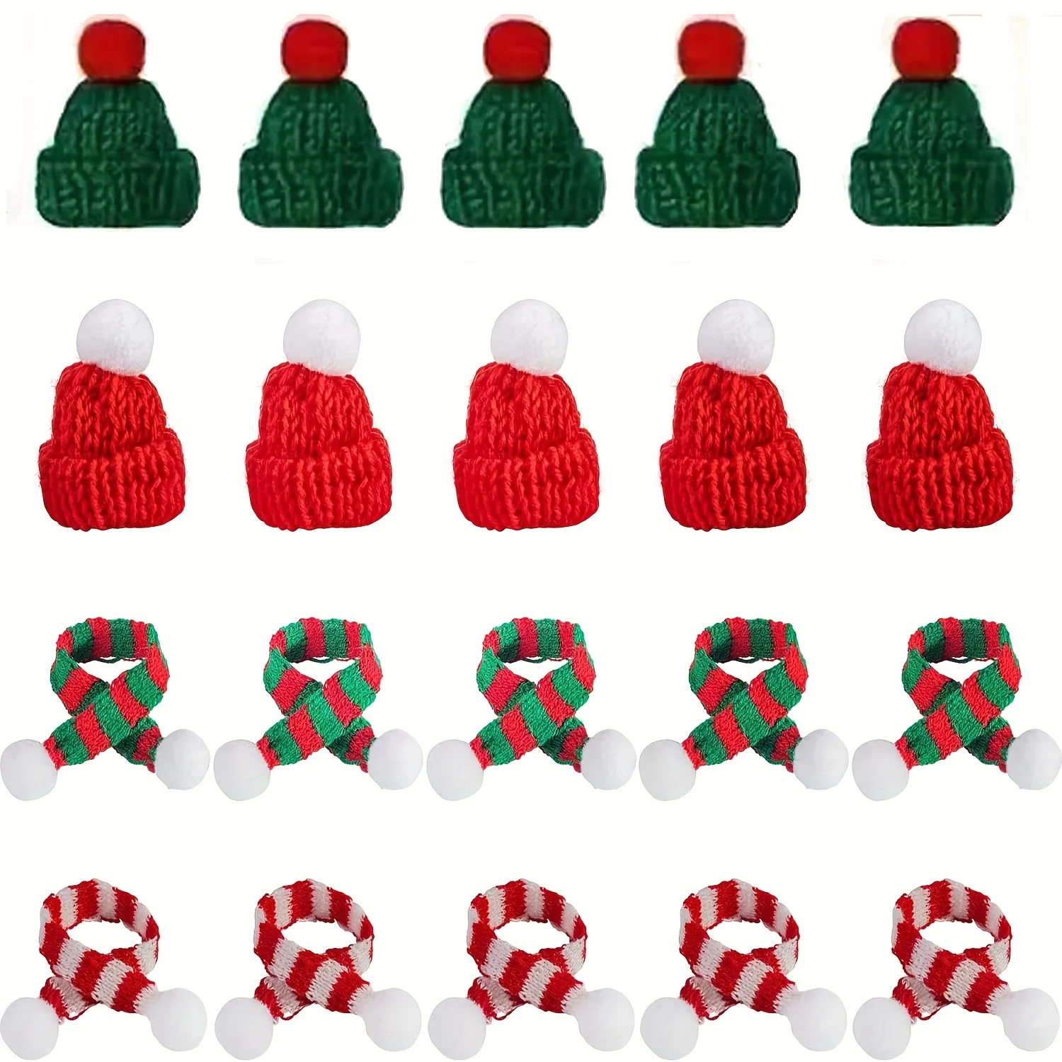 20-teiliges Set aus Mini-Weihnachtsmützen und Schals |   Rote und grüne Dekorationen für DIY-Kunsthandwerk, Baumschmuck, Schneemann-Dekorationen