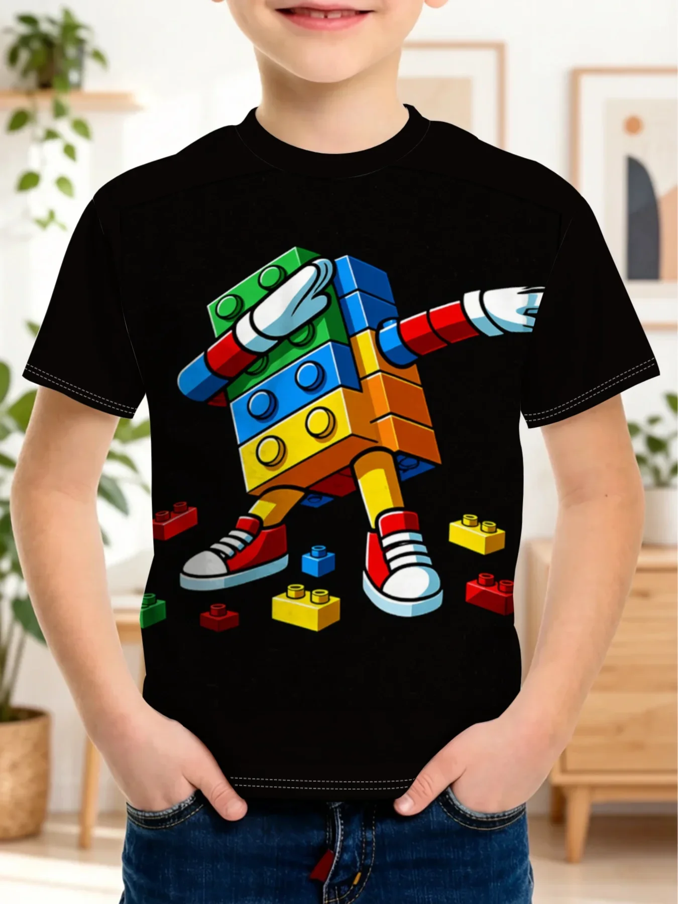 Funny Building Blocks Cartoon 3D Print T-Shirt Outdoor Street Kids Tops Summer Casual Short Sleeve Breathable Crew Neck Tees