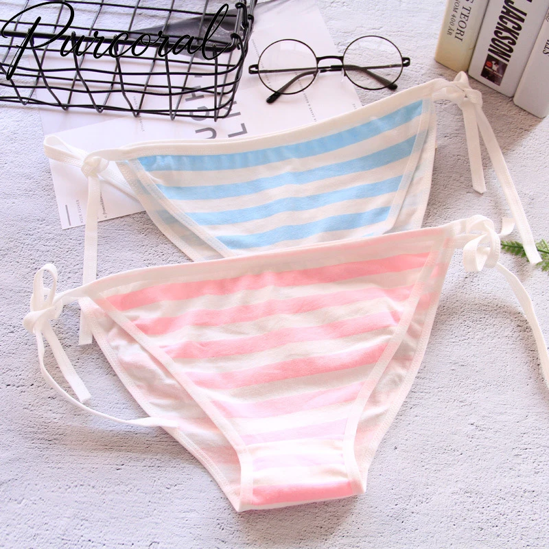 Purcoral Cute Striped Side Tie Bikini Panties Soft Cotton Pink Blue Stripe Low Waist Adjustable Tie Women Girls Briefs Underwear