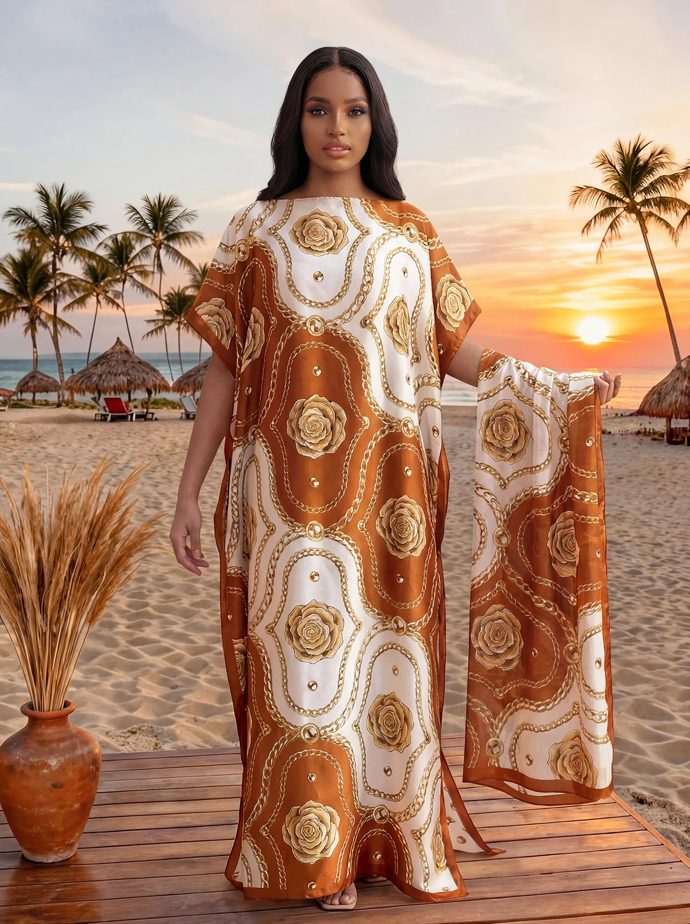 Fashion Summer Print Dress With Big Scarf Dubai Turkey Kaftan Muslim Loose Abaya Women African Casual Paisley Shawl Robe MOOMOO