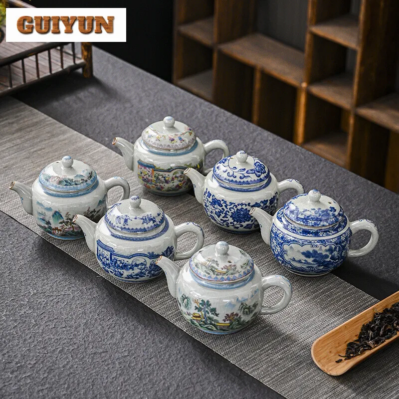 

250ml Blue and White Porcelain Handmade Teapot Household Thousands of Miles Teapot Jingdezhen Pot Tea Making Kettle Teaset Gifts