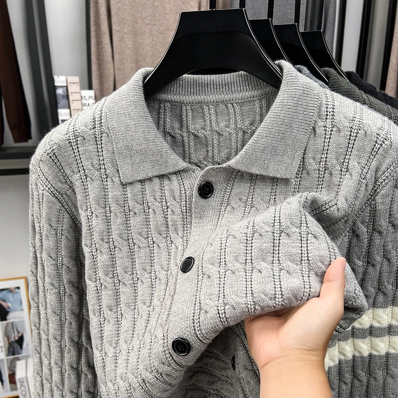 Lapel Cardigan Jacket for Men, Winter Fashion, Solid Color, Casual Trend, Long Sleeved New Style, Autumn and Winter Knitwear