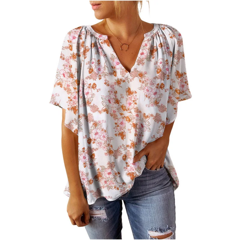 Letnia moda damska T-shirt Casual Street Luźny krój Krótki rękaw Dekolt w serek Nadrukowane bluzki dla kobiet