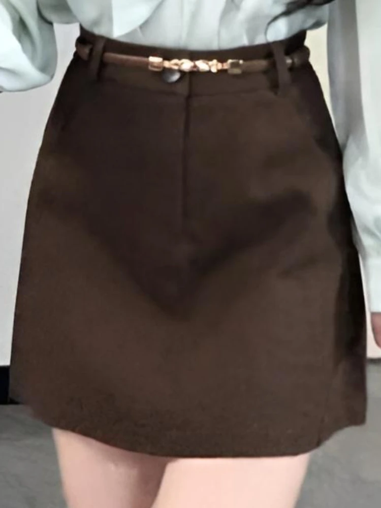 Korean Fashion Elegant 2 Piece Set Women Slim Long Sleeve Lace-Up Shirt+ High Waist Belt A-Line Skirt French Casual Solid Outfit