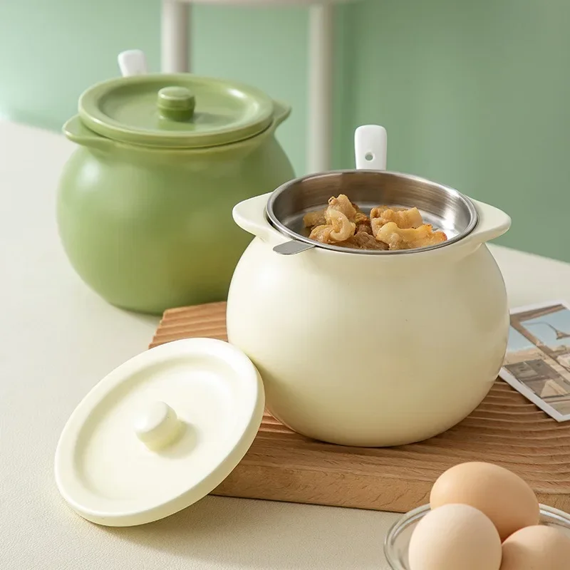 Double-eared Lard Jar Cream Wind Filter Spoon with Lid Household Ceramic High Temperature Resistant New Chinese Style