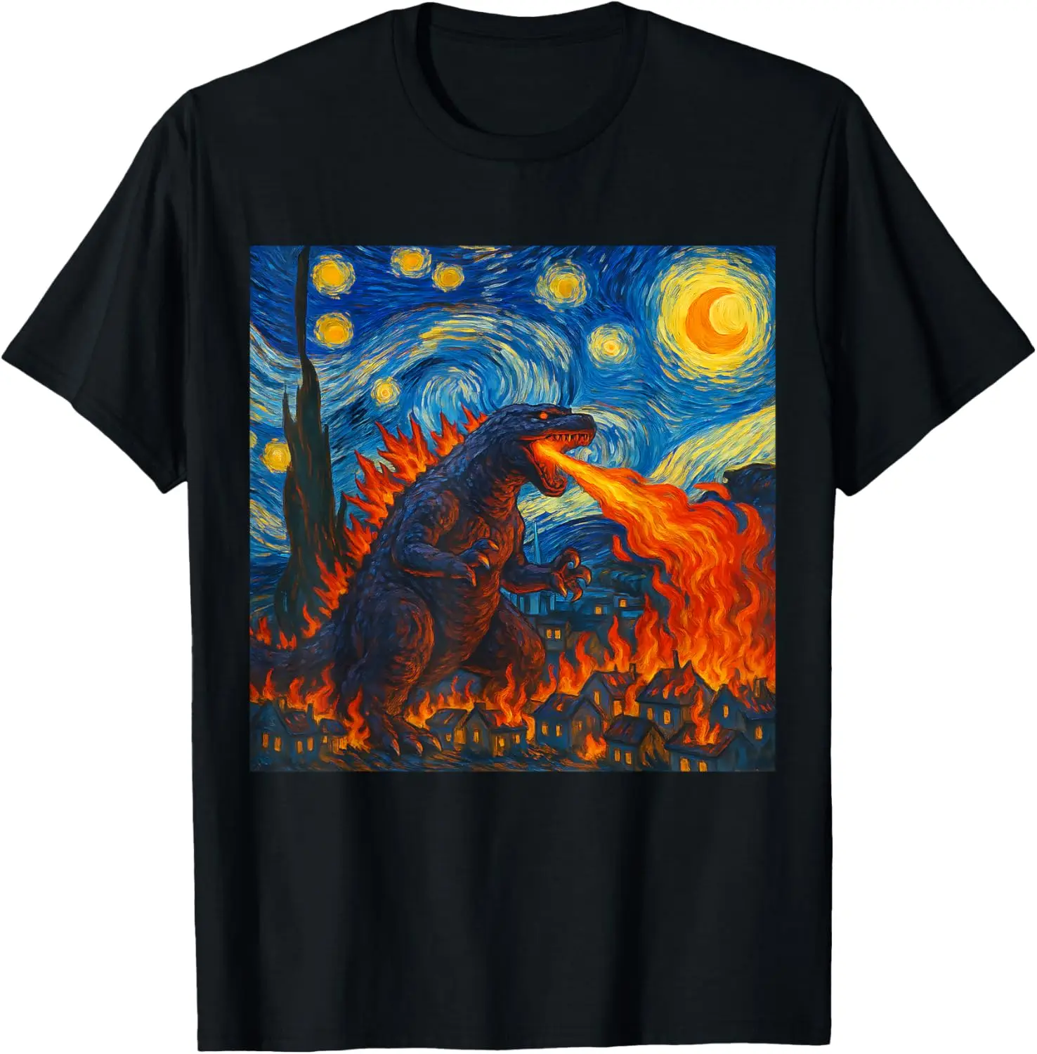 Kaiju Starry Night Van Gogh Style Monster Art T-Shirt S-6XL