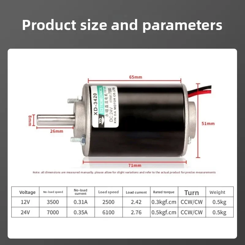 

1PCS XD-3420 DC Motor 12 V/24 V Permanent Magnet Motor DIY Generator Mini DC Motor 30W CW/CCW Electric High Torque Min:3500/7000