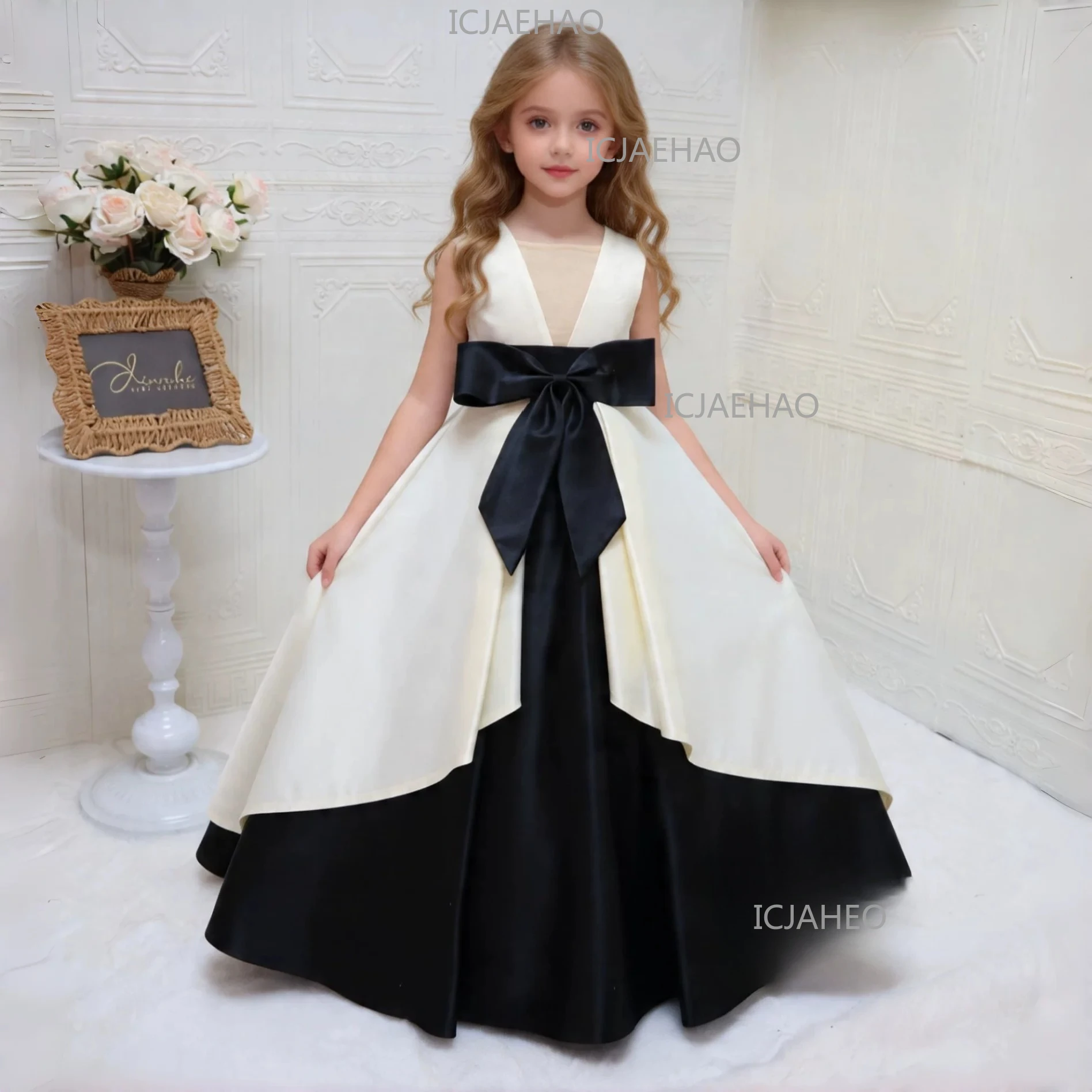Color Block Strapless Dress Girls Black And White Bow Long Dress Niche Design Piano Performance Costume Girls Party Dresses