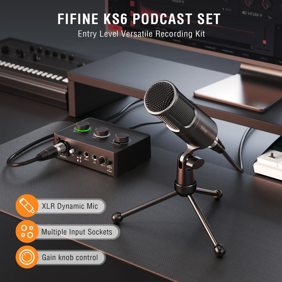 FIFINE Podcast Kit with Dynamic Mic/Sound Card, All-in-one Studio
