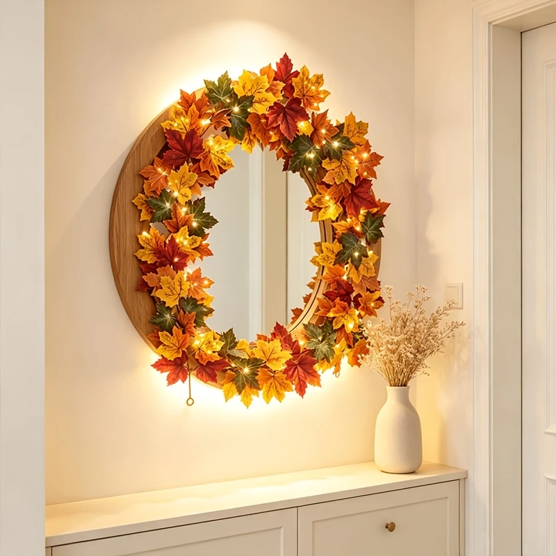 1 m lange Herbst-Ahornblattgirlande mit Lichtern, künstliche Herbstblätter-Ranke, hängende Girlande für Thanksgiving, Halloween und Weihnachtsdekoration – Detail 3