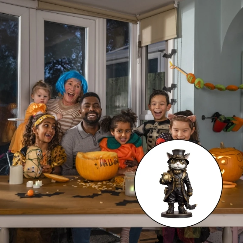 Halloween-Themen-Steampunk-Erfinder-Katzen-Miniaturskulptur, detaillierte Harz-Kunstdekorationen zum Verschenken oder bester