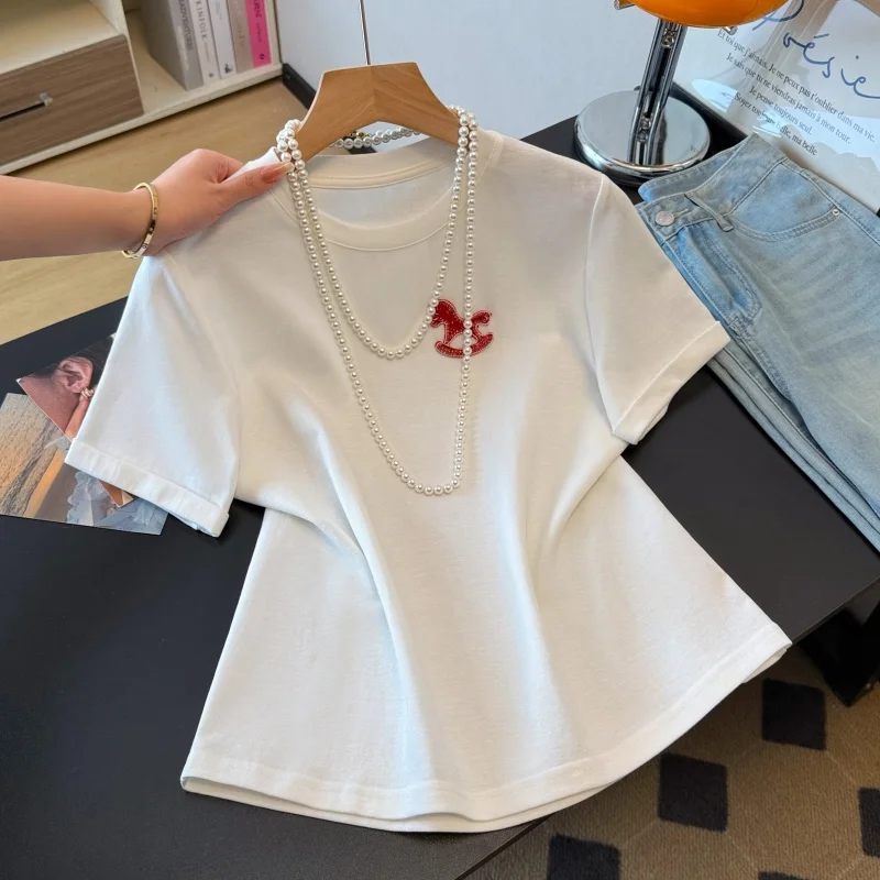 

Новая китайская модная женская футболка с коротким рукавом, вышивкой и узором, однотонная, весна-лето